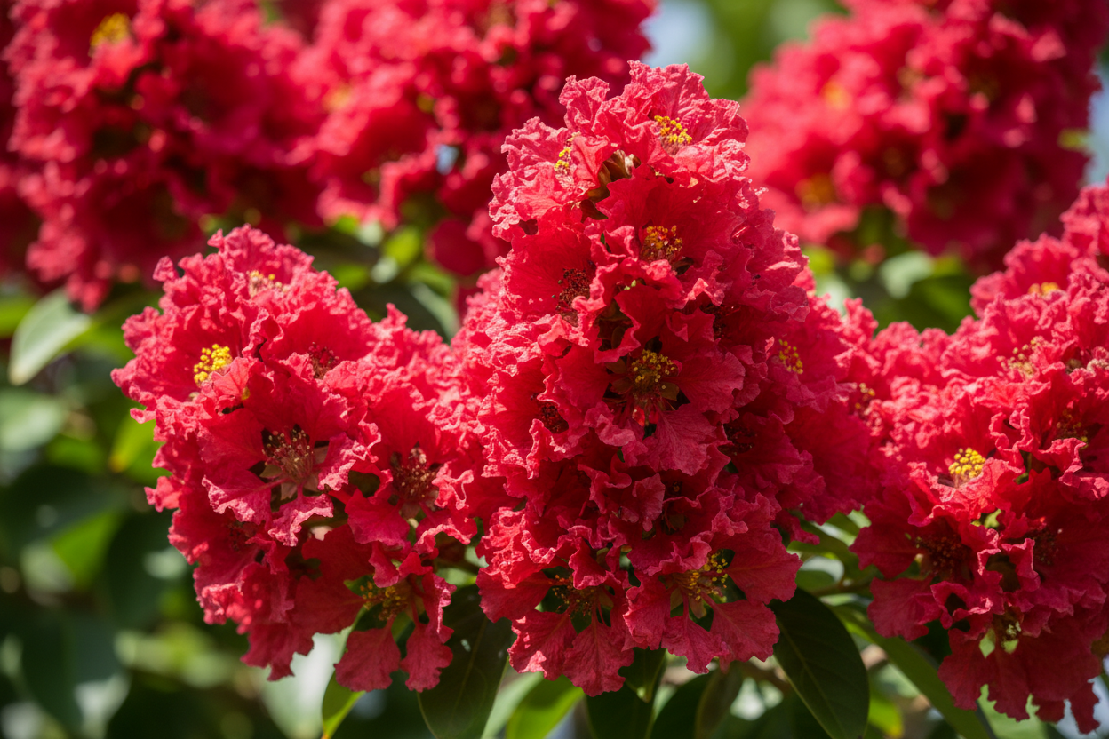 Chinesische Kräuselmyrte 'Durant Red' - Blütendetail
